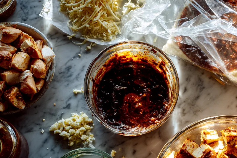 Side view of golden caramel mixture being poured from a saucepan over a layer of toasted pecans arranged on a baked shortbread crust in a parchment-lined baking pan
