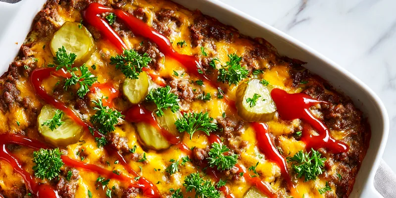 Baked cheeseburger casserole topped with melted cheddar cheese, sliced pickles, ketchup drizzle, and fresh parsley in a white dish.