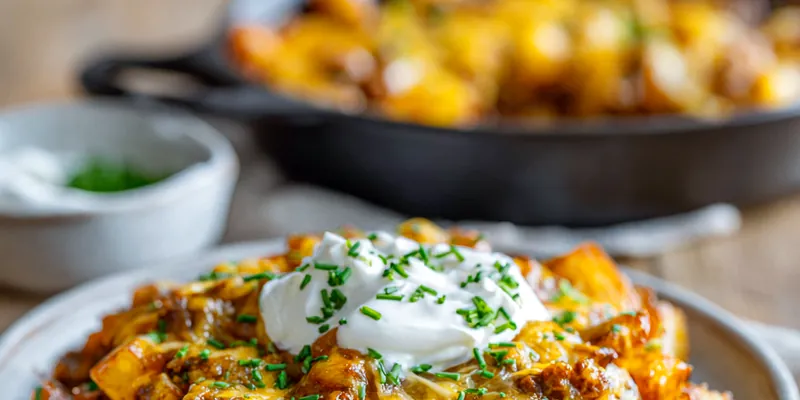 Close-up of cheesy ground beef and potato casserole topped with sour cream and chives, served on a white plate with melted cheese and crispy edges.
