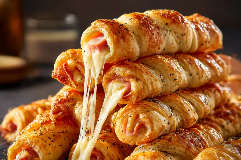 Close-up of golden-brown ham and cheese sticks on a baking sheet fresh from the oven, with melted cheese bubbling from the ends and visible flaky pastry layers, kitchen tongs reaching for one stick