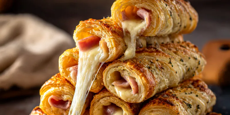 Golden-brown cheesy ham and cheese sticks stacked on a dark slate platter with melted mozzarella stretching from the ends, garnished with Italian herbs