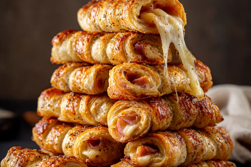 Overhead view of all ingredients laid out on white marble counter including puff pastry sheets, fanned deli ham slices, mozzarella cheese sticks, small bowls of melted butter and seasonings, with a pastry brush and rolling pin