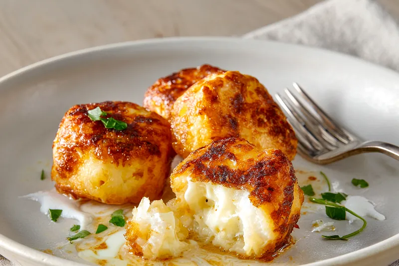 Close-up of a single golden-brown mashed potato puff bite cut in half showing the fluffy white interior with melted cheese pockets and crispy caramelized edges garnished with fresh parsley