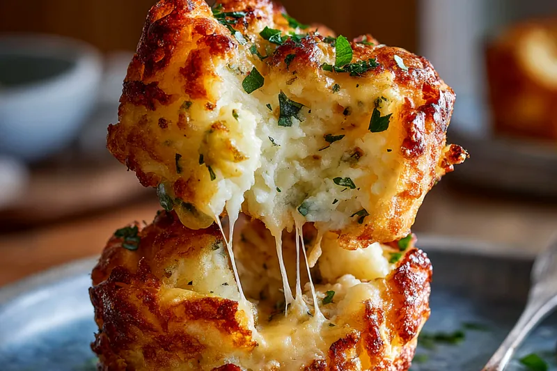 Overhead view of recipe ingredients arranged in small bowls on white marble surface: fluffy mashed potatoes in center bowl, surrounded by shredded mozzarella, cheddar cheese, sour cream, butter, fresh parsley, garlic, flour, beaten eggs, and Parmesan cheese with a muffin tin visible