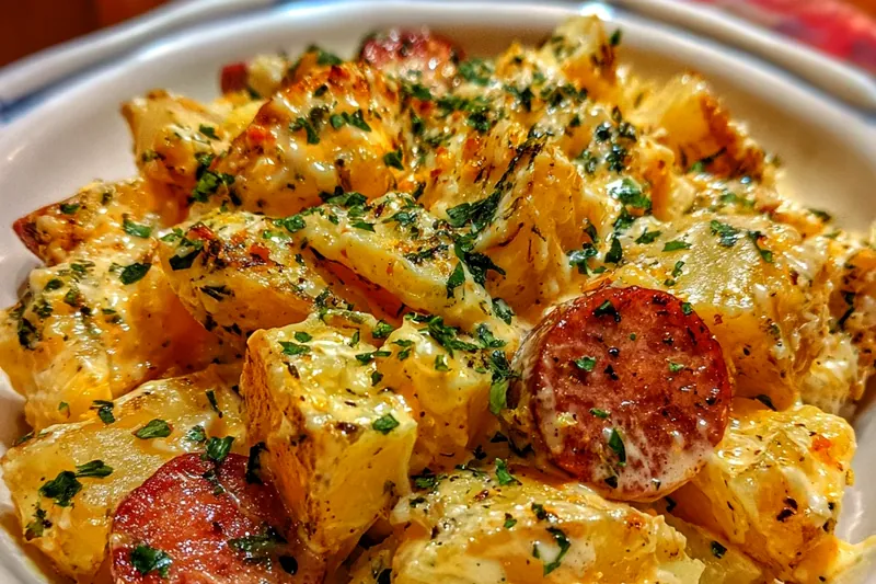 Step-by-step cooking process showing golden potatoes being tossed with ranch sauce and sausage in a large cast iron skillet before cheese is added