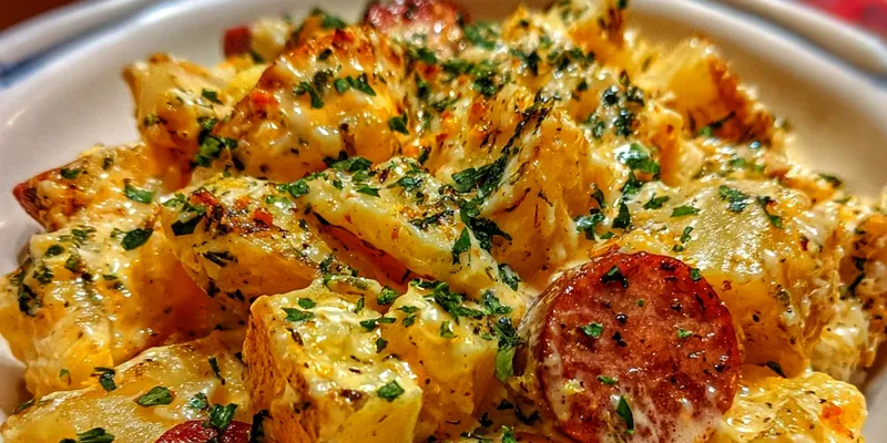 Golden brown cheesy ranch potatoes with sliced smoked sausage in a cast iron skillet, topped with melted cheddar and mozzarella cheese, garnished with fresh green onions and parsley