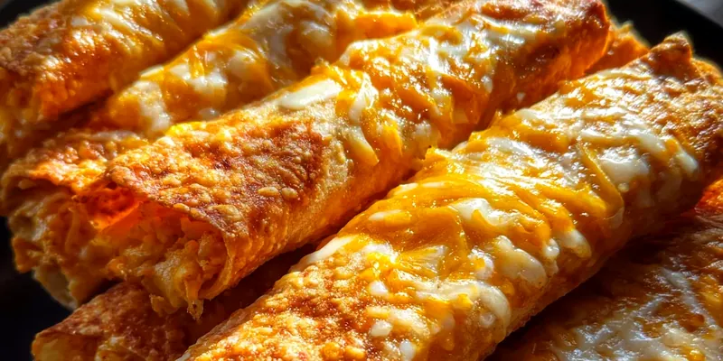 Golden brown crispy cheesy taco sticks arranged on a white platter with small bowls of sour cream and salsa for dipping, garnished with fresh cilantro