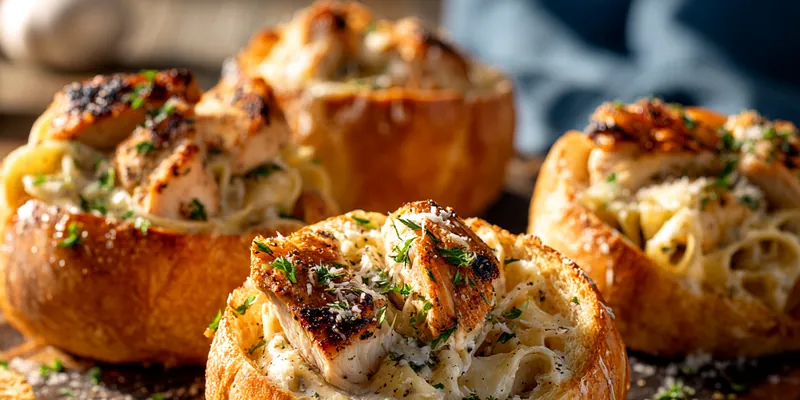 Golden crusty bread bowls filled with creamy chicken alfredo pasta topped with seasoned grilled chicken pieces, garnished with parsley and Parmesan cheese on wooden board