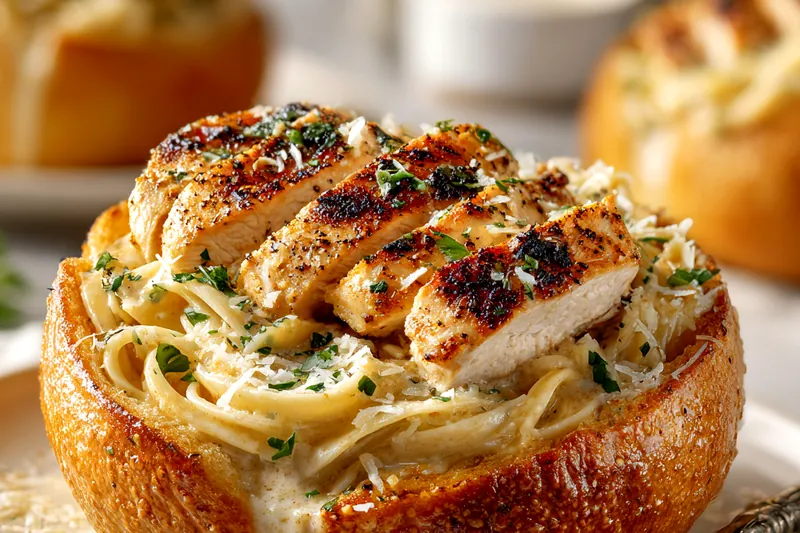 Overhead flat lay of raw ingredients for chicken alfredo bread bowls including crusty Italian rolls, raw chicken breast, fettuccine pasta, heavy cream, Parmesan cheese, butter, fresh garlic, and herbs arranged on white marble surface