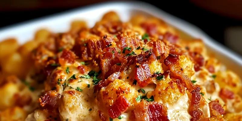 Large white ceramic baking dish filled with golden-brown crispy tater tots covering melted cheddar cheese, with one corner served revealing layers of creamy ranch chicken, bacon pieces, and melted cheese inside