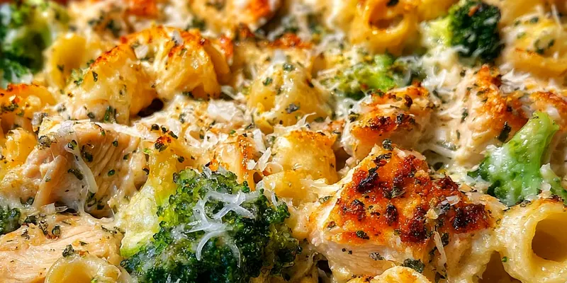 Golden-brown chicken broccoli pasta bake in a white ceramic casserole dish, showing bubbling cheese sauce and perfectly cooked broccoli florets on top