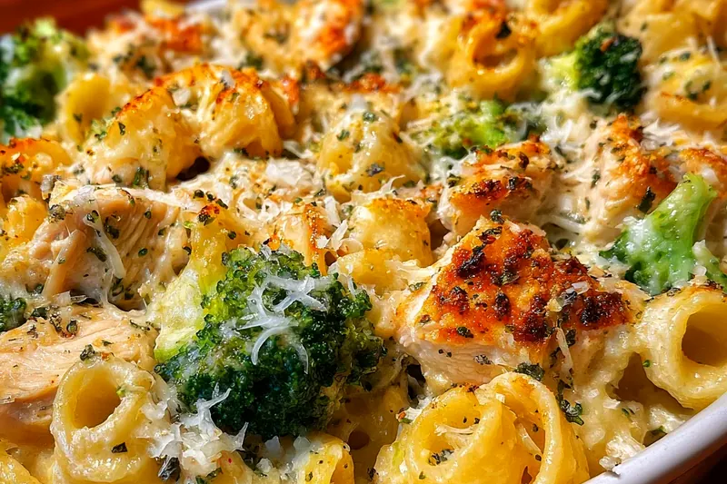 Organized ingredients for chicken broccoli pasta bake including raw chicken, fresh broccoli, pasta, and various cheeses arranged on a marble countertop