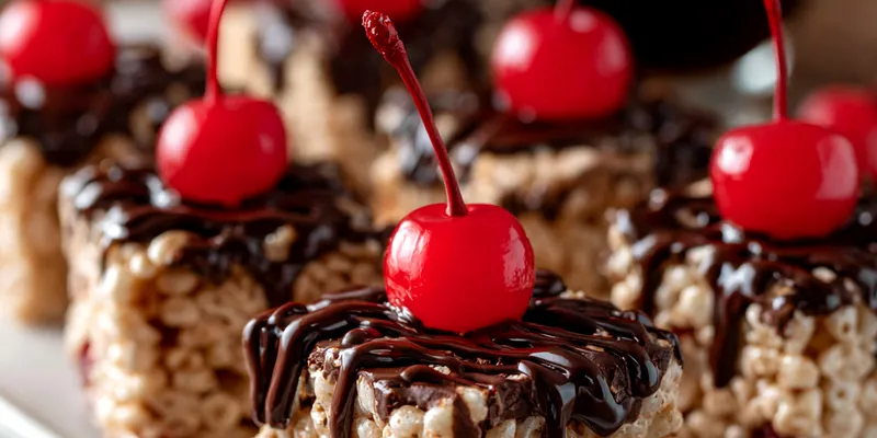 Close-up of Chocolate Cherry Rice Krispie Treats with glossy chocolate drizzle and bright red cherries on top, served on a white platter.