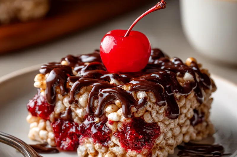 Flat lay of ingredients including marshmallows, crispy rice cereal, butter, cherries, and chocolate chips arranged on a wooden surface.