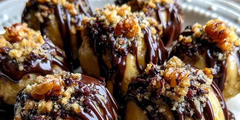 Elegant chocolate chip cookie dough truffles with glossy dark chocolate coating arranged on white marble surface with scattered mini chocolate chips