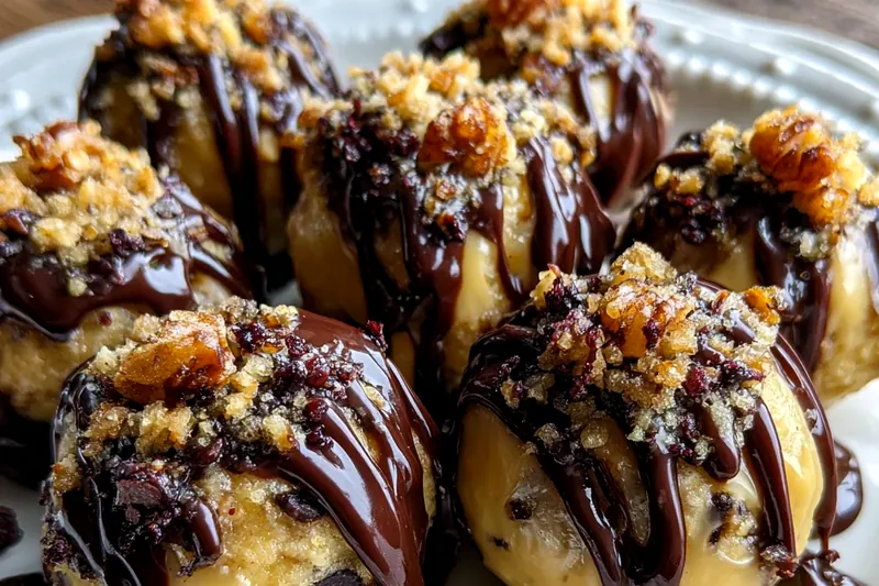 Organized ingredients for cookie dough truffles including softened butter, brown sugar, heat-treated flour, mini chocolate chips, and dark chocolate pieces on marble countertop