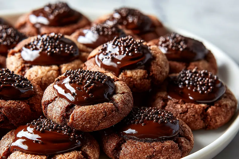 Step-by-step process showing hands wrapping chocolate cookie dough around a truffle, forming a smooth ball, and placing it on a parchment-lined baking sheet with proper spacing