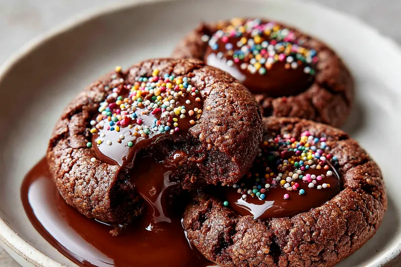 Overhead view of ingredients laid out on a marble countertop including bowls of cocoa powder, flour, sugars, softened butter, eggs, chocolate chips, and chocolate truffles arranged in a baking mise en place