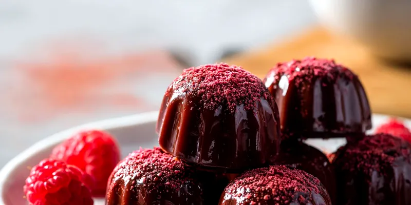 Glossy chocolate raspberry truffles arranged on a white ceramic plate, dusted with vibrant pink freeze-dried raspberry powder, with fresh raspberries scattered around and a soft gray marble background