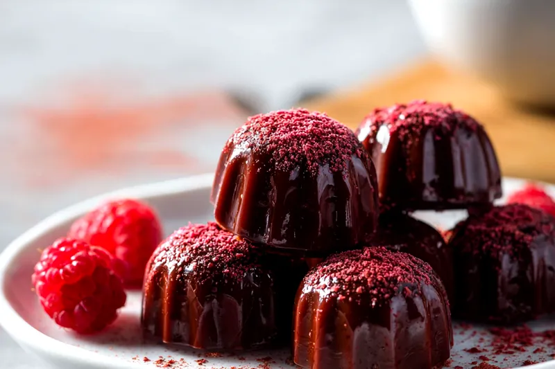 Overhead view of ingredients for chocolate raspberry truffles arranged on a white marble surface: chopped dark chocolate, heavy cream in a glass measuring cup, fresh raspberries, butter pats, and a small dish of pink freeze-dried raspberry powder