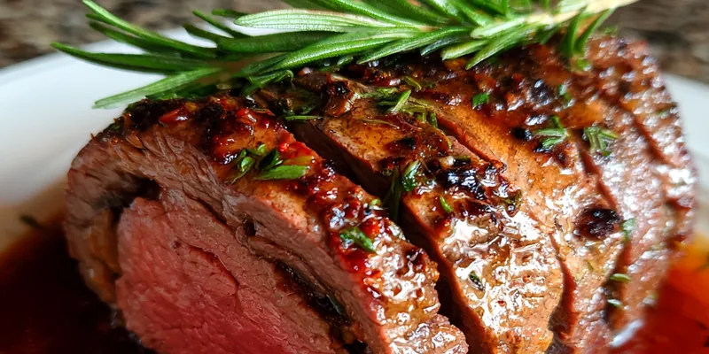 Christmas Stuffed Beef Tenderloin garnished with herbs and cranberries