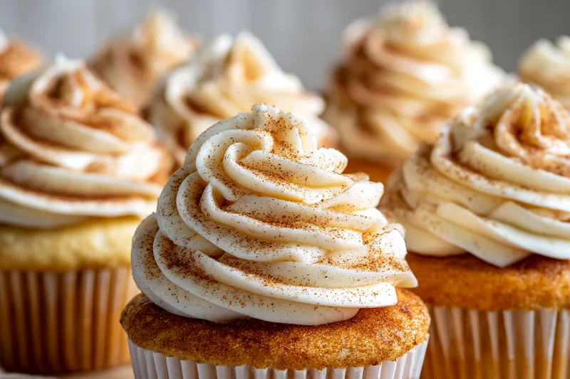 Close-up of a cinnamon roll cupcake being swirled with a toothpick, showing the cinnamon sugar mixture being gently incorporated into the batter