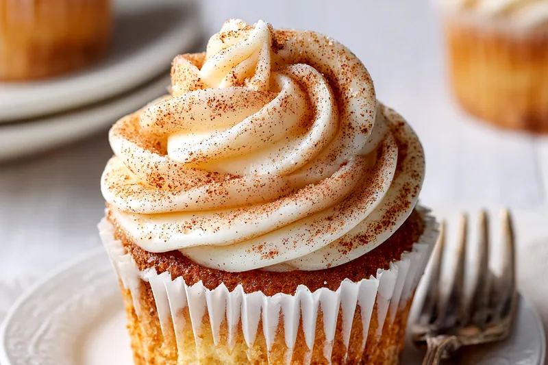 Overhead view of measured baking ingredients for cinnamon roll cupcakes including flour, sugar, cinnamon, butter, eggs, and cream cheese arranged in glass bowls on a white surface