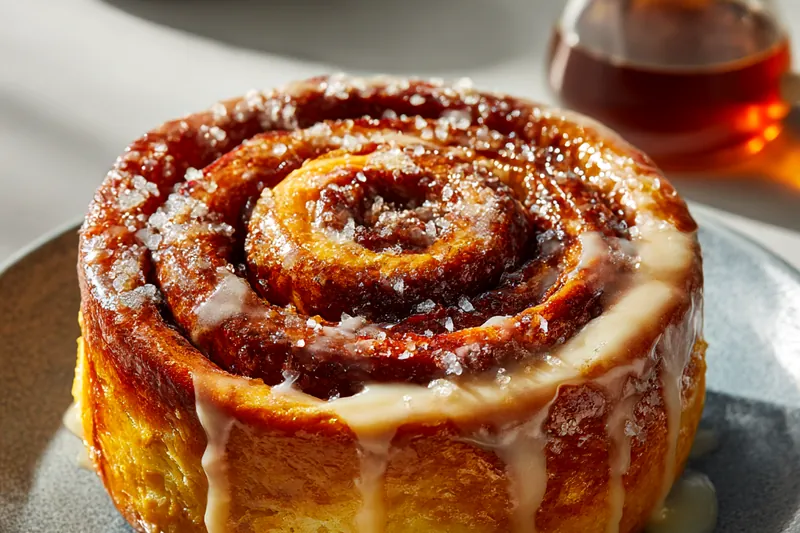 Cinnamon roll French toast cooking in a skillet with golden-brown caramelized edges forming