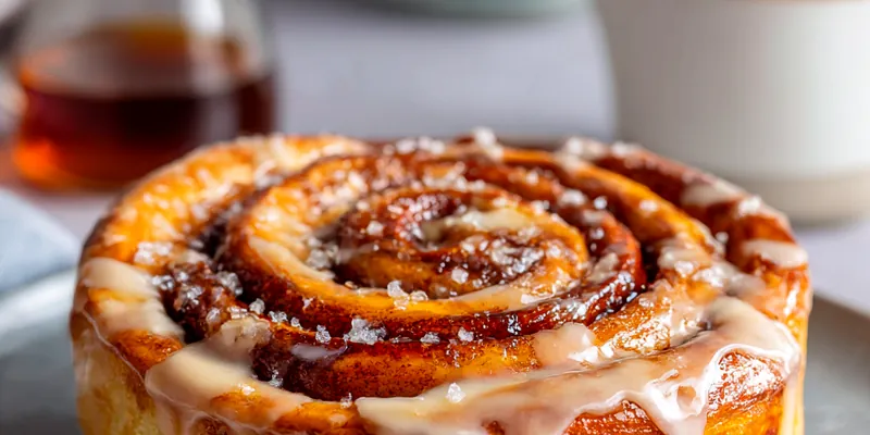 Golden cinnamon roll French toast with visible spiral pattern, drizzled with cream cheese glaze on a gray plate