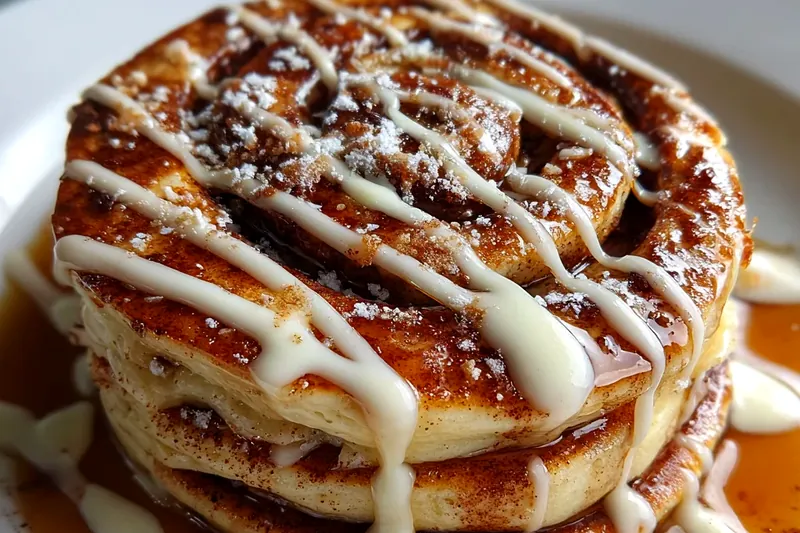 Action shot of piping cinnamon swirl mixture in a spiral pattern onto pancake batter on a hot griddle, showing the technique in progress