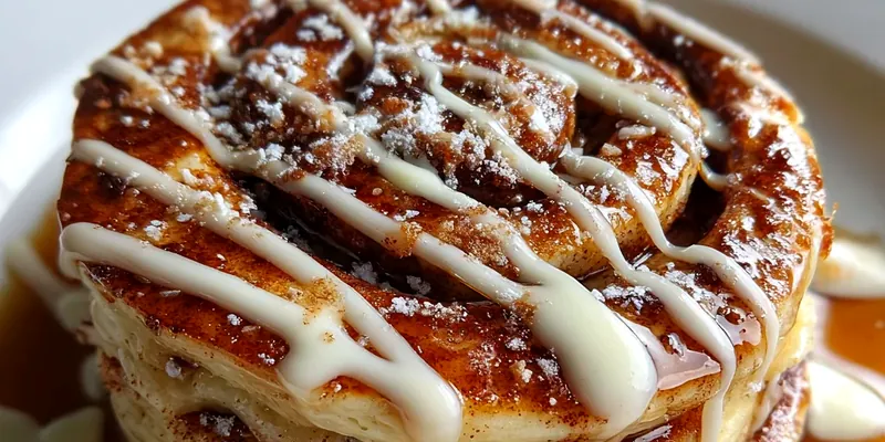 Stack of golden cinnamon roll pancakes with visible cinnamon swirls, drizzled with white cream cheese glaze, garnished with cinnamon sticks on a rustic wooden plate