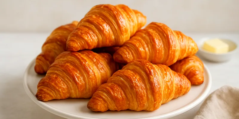 Golden-brown homemade croissants piled on a white plate, showcasing perfect flaky lamination with buttery layers visible and a glossy, crisp exterior