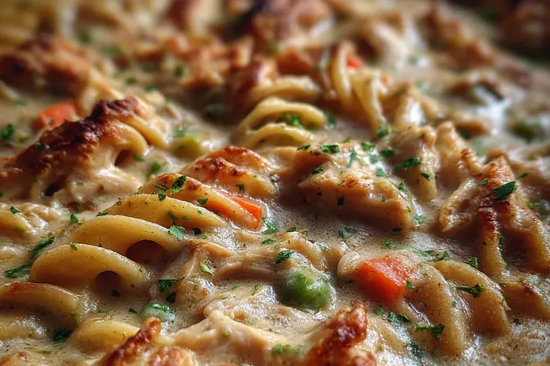 Action shot of creamy chicken pot pie pasta being stirred in a large skillet, showing the rich sauce coating the pasta and vegetables with steam rising from the pan