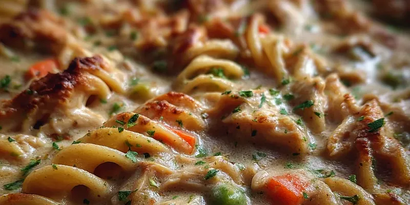 Creamy chicken pot pie pasta in a large skillet with tender chicken pieces, colorful vegetables, and wide egg noodles coated in a rich herb-infused cream sauce, garnished with fresh parsley