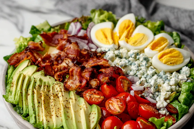 Cooking bacon and preparing ingredients for Cobb Salad