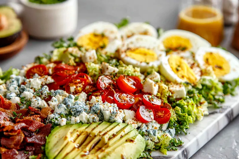 Fresh ingredients for Classic Cobb Salad including greens, avocado, and bacon