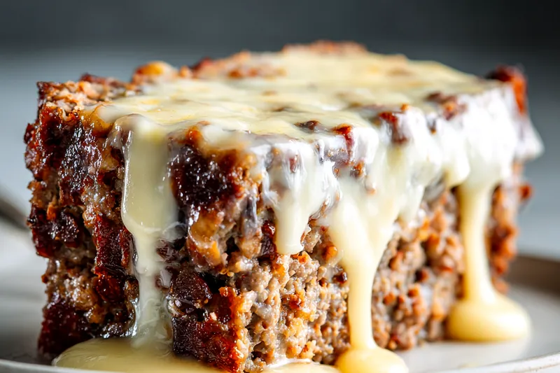 Overhead flat lay of meatloaf ingredients on a wooden cutting board: ground beef in a bowl, breadcrumbs, eggs, diced onions, garlic cloves, milk, Worcestershire sauce bottle, spices, and shredded cheese