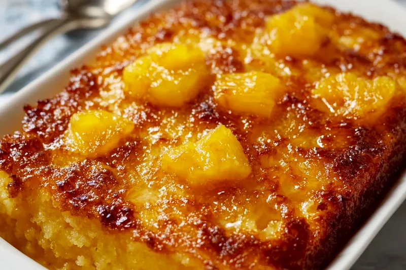 Process shot showing golden cake batter being poured over arranged pineapple rings and brown sugar in a baking pan