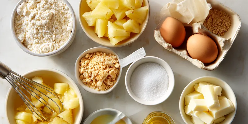 A golden-brown Pineapple Upside-Down Cake in a white ceramic dish, featuring perfectly caramelized pineapple rings with glossy brown sugar glaze and visible moist yellow cake