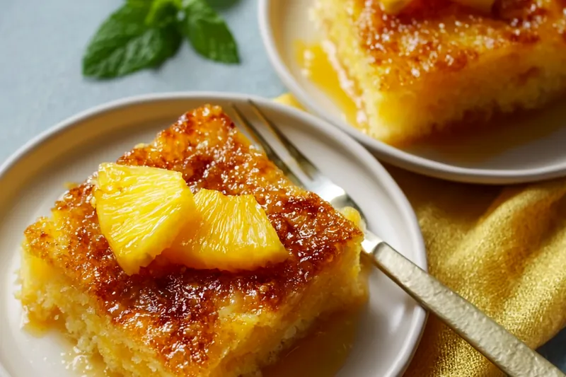 Organized arrangement of Pineapple Upside-Down Cake ingredients on white countertop including pineapple rings, butter, brown sugar, eggs, flour, and milk in separate bowls
