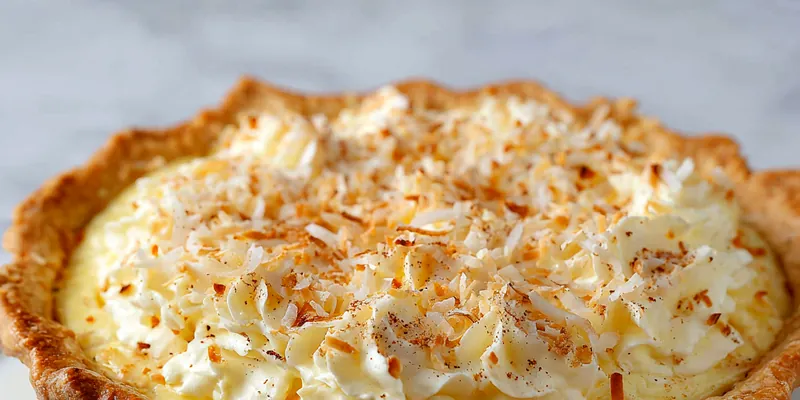 Beautifully decorated coconut cream pie topped with whipped cream