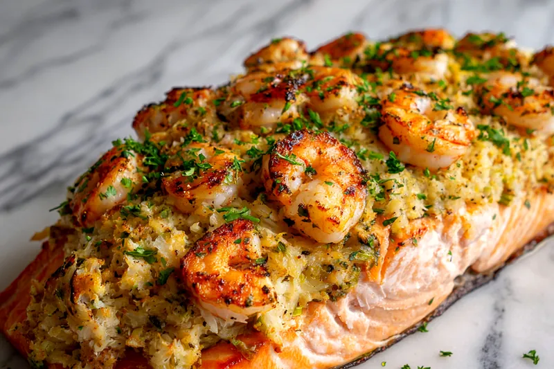 Stuffed salmon baking in the oven
