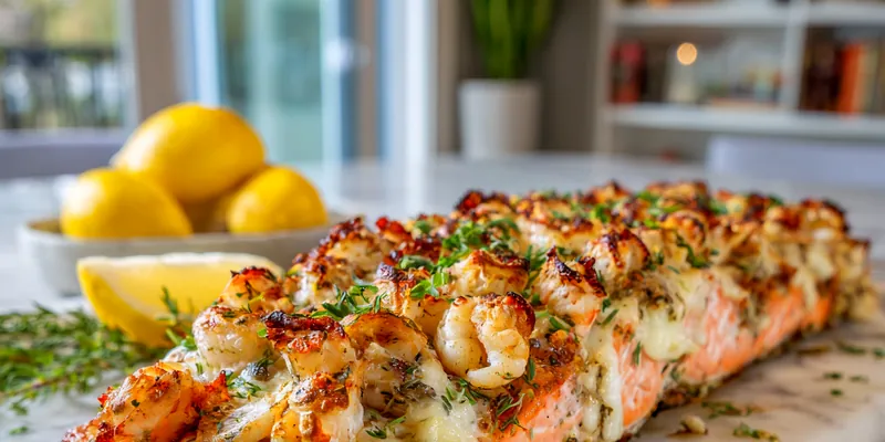 Delicious Crab and Shrimp Stuffed Salmon plated with lemon