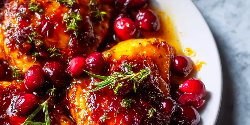Golden-brown chicken thighs glazed with deep ruby cranberry sauce, garnished with fresh rosemary sprigs and surrounded by whole burst cranberries on a white ceramic plate