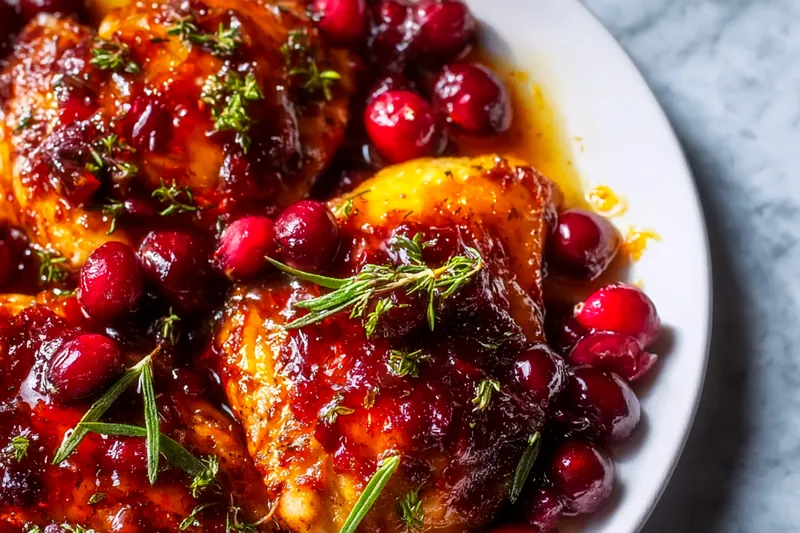 Overhead view of recipe ingredients arranged on a marble surface: bone-in chicken thighs, fresh red cranberries in a bowl, honey in a glass jar, fresh rosemary and thyme sprigs, orange juice, and small bowls of salt and pepper