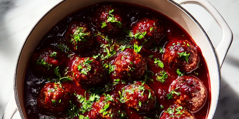 Overhead view of glossy cranberry glazed meatballs in a cream-colored Dutch oven, garnished with fresh green parsley, set on a marble surface with natural lighting creating gentle shadows