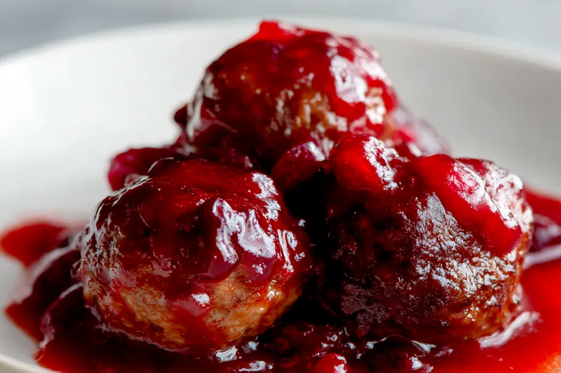 Organized ingredients for cranberry glazed meatballs arranged on a white marble countertop, including ground meats in a bowl, fresh cranberries, brown sugar in a measuring cup, and fresh herbs