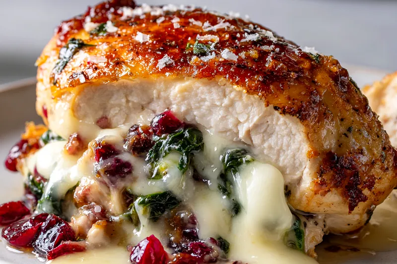 Action shot of golden-brown stuffed chicken breast sizzling in a cast-iron skillet, with visible grill marks and butter melting around the edges, steam rising, captured mid-cooking in a bright, professional kitchen