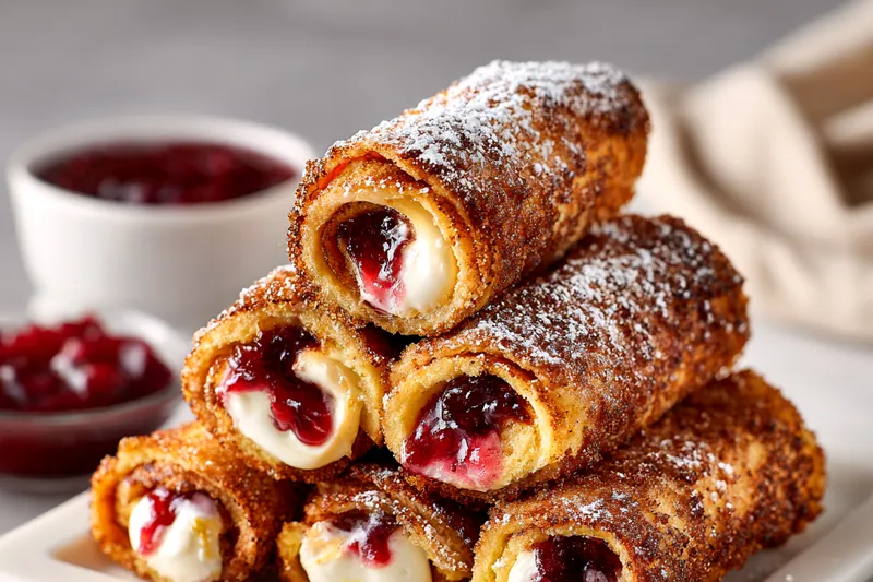 Golden-brown French toast roll-ups being cooked in a skillet with butter, showing the cooking process with one roll-up being turned with a spatula