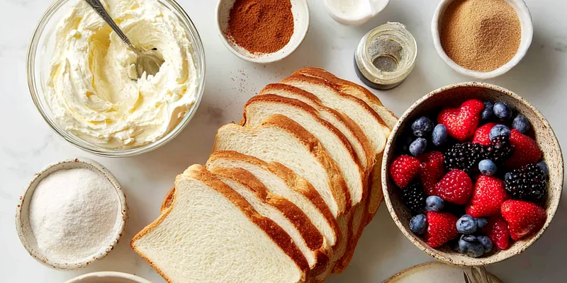 Stack of golden-brown cream cheese and berry French toast roll-ups dusted with powdered sugar on a white platter, showing cross-section with creamy filling and red berry compote